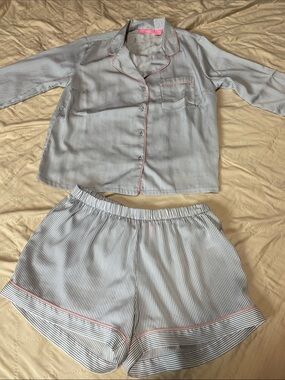 Isaac Mizrahi White and Navy Striped Two-Piece Pajama Set with Pink Trim